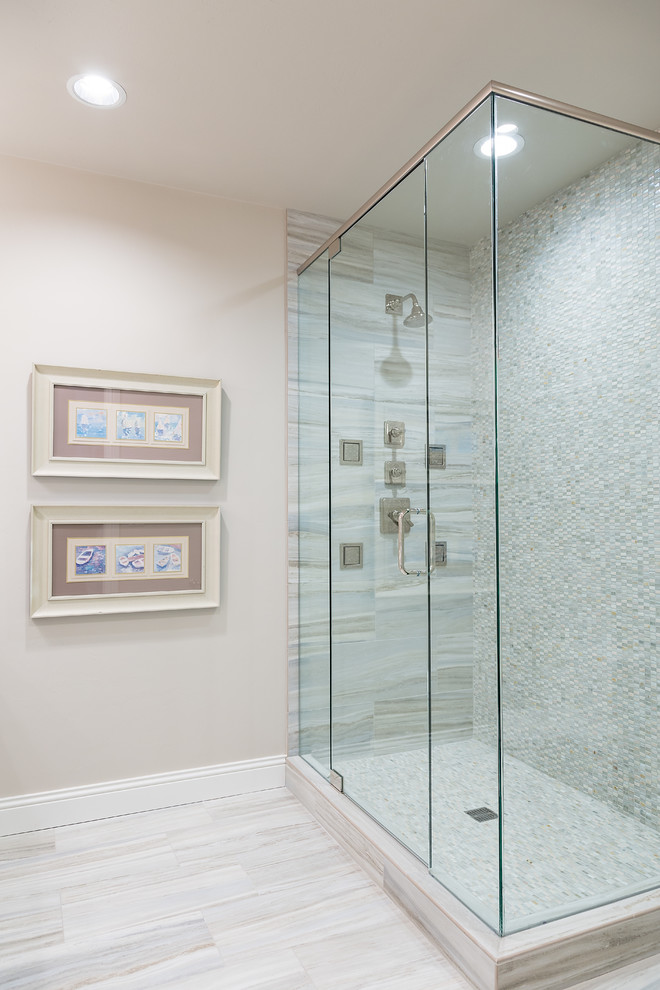 Example of a small transitional kids' multicolored tile and mosaic tile porcelain tile corner shower design with beige walls