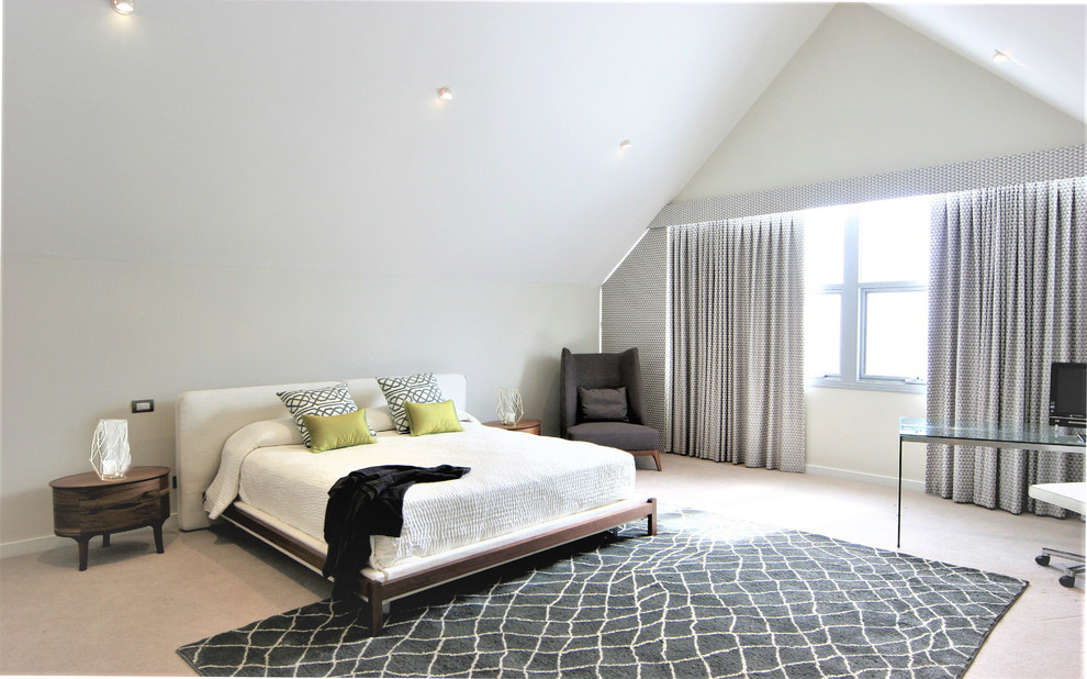 This is an example of an expansive modern loft-style bedroom in Perth with white walls, carpet and grey floor.