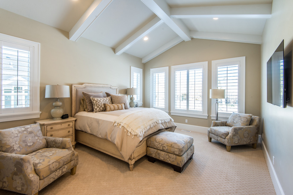 Design ideas for a mid-sized traditional master bedroom in Salt Lake City with beige walls, carpet, no fireplace and beige floor.