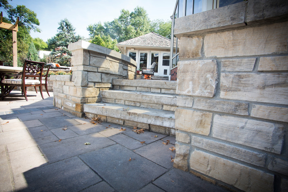 Design ideas for a transitional backyard stone water fountain landscape in Omaha.