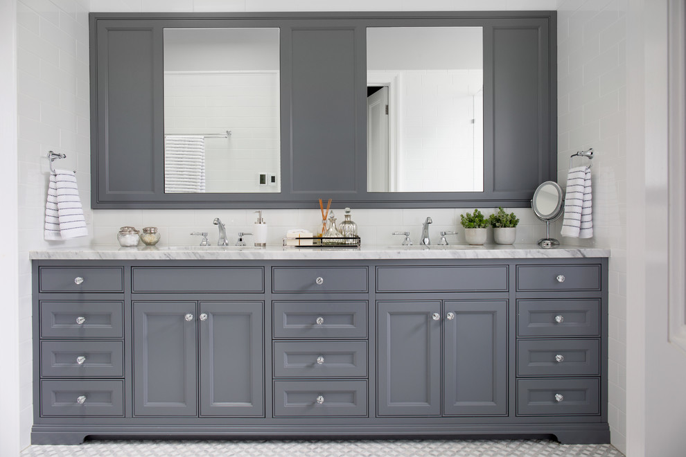 Inspiration for a transitional master bathroom in Brisbane with recessed-panel cabinets, grey cabinets, white tile, mosaic tile floors, an undermount sink, grey floor and white benchtops.
