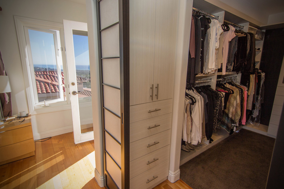 Photo of a mid-sized asian gender-neutral walk-in wardrobe in Orange County with flat-panel cabinets, light wood cabinets and carpet.