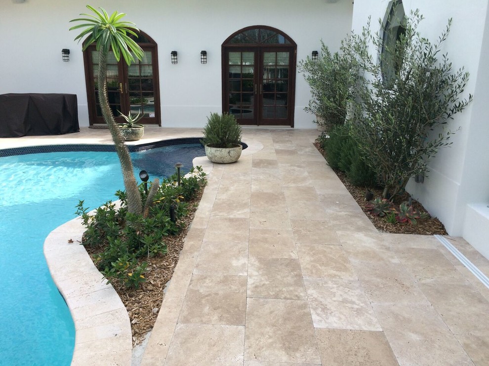 This is an example of a large transitional backyard custom-shaped pool in Miami with tile.