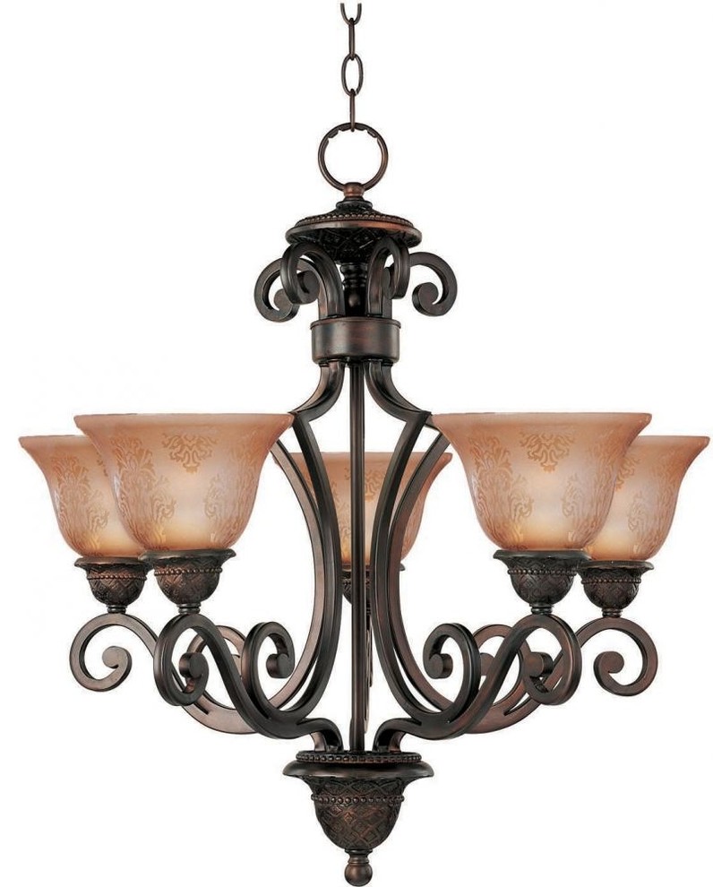 Five Light Oil Rubbed Bronze Screen Amber Glass Up Chandelier