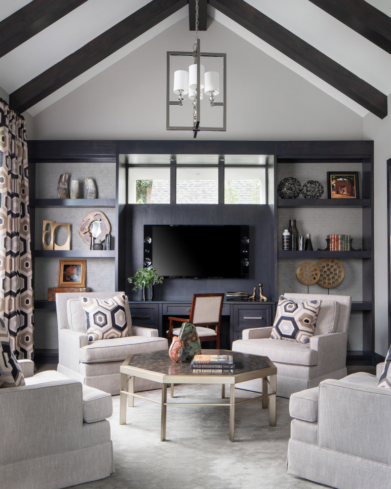 Trendy built-in desk study room photo in Dallas with gray walls