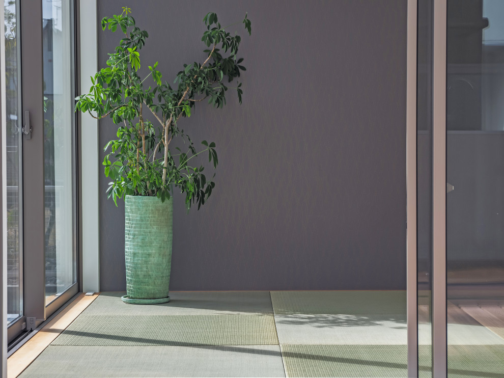 Diseño de habitación de invitados contemporánea sin chimenea con tatami, suelo verde y papel pintado