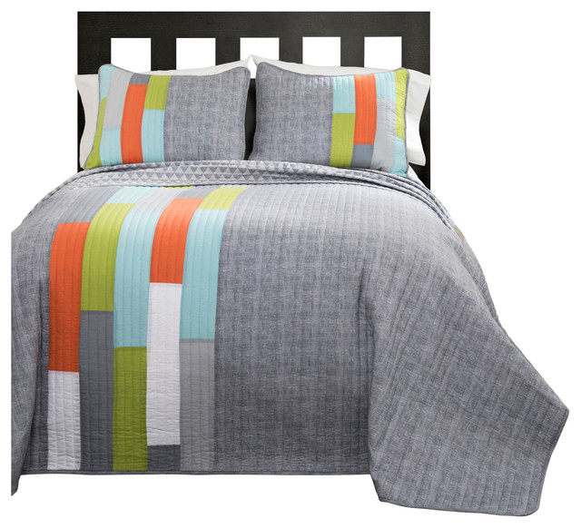 Shelly Orange and Blue Stripe 2Piece Quilt Set Contemporary Quilts