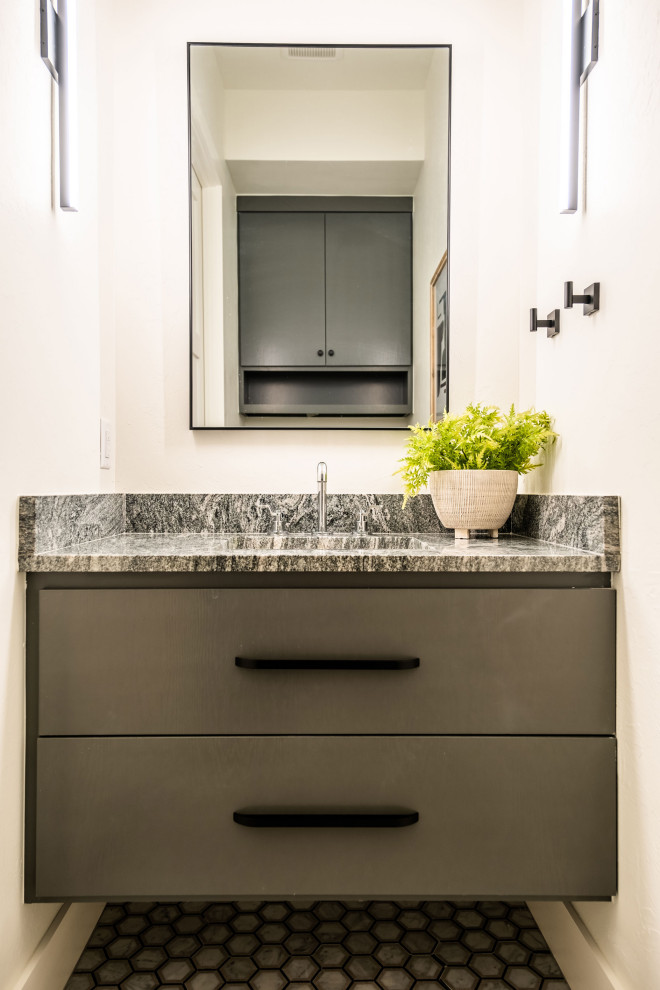 Photo of a small scandinavian 3/4 bathroom in Oklahoma City with flat-panel cabinets, grey cabinets, a one-piece toilet, white walls, mosaic tile floors, granite benchtops, multi-coloured floor, grey benchtops, a single vanity and a built-in vanity.