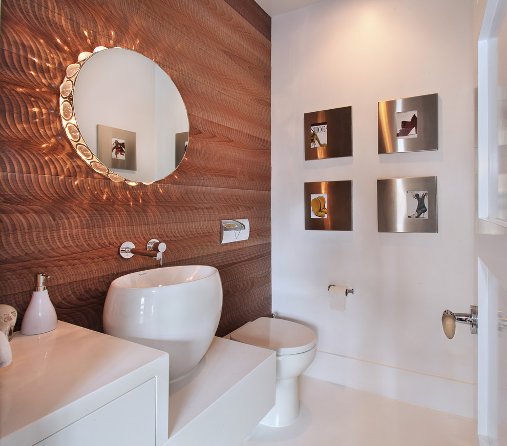 Design ideas for a contemporary powder room in Orange County with a vessel sink.