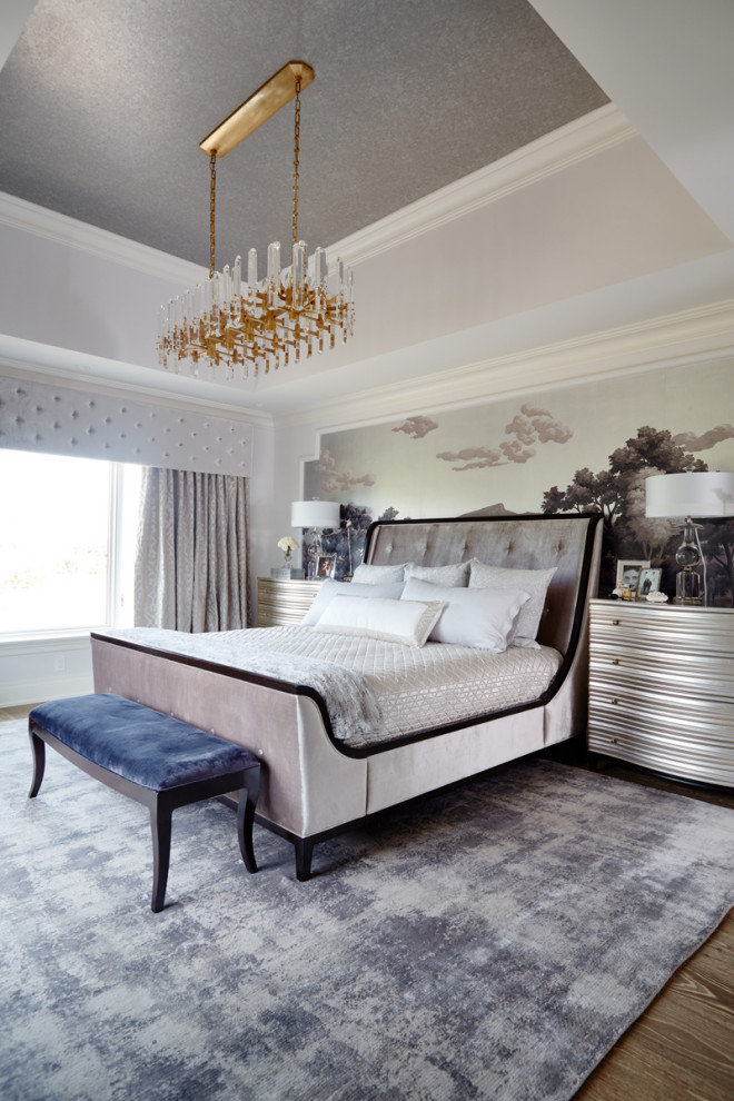 Design ideas for an expansive classic master and grey and purple bedroom in Toronto with grey walls, medium hardwood flooring, brown floors, a drop ceiling, wallpapered walls and a feature wall.