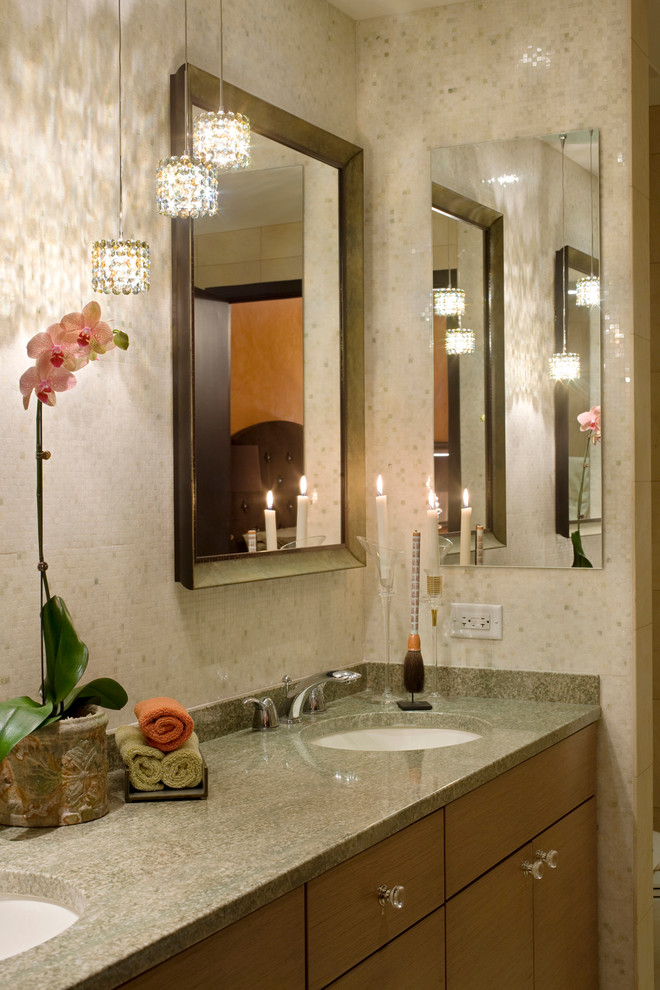 Example of a small trendy master bathroom design in Chicago with an undermount sink, flat-panel cabinets, medium tone wood cabinets, granite countertops and beige walls
