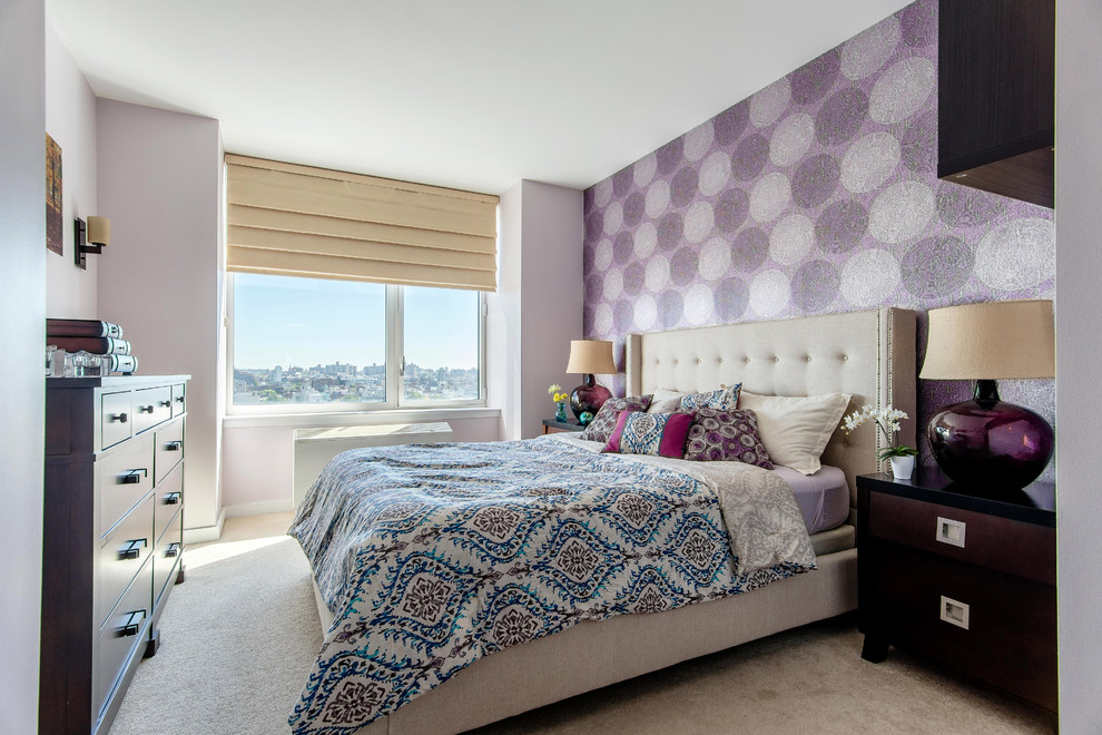 This is an example of a mid-sized contemporary master bedroom in New York with purple walls, carpet and no fireplace.