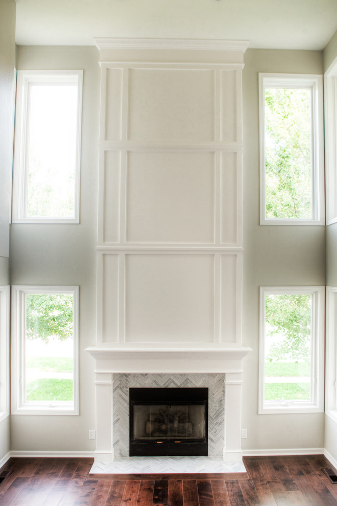 Home design - huge transitional formal and open concept dark wood floor and brown floor home design idea with gray walls, a standard fireplace, a tile fireplace and no tv