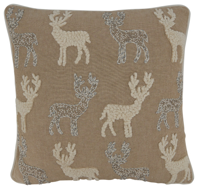 Reindeers Pillow With Beaded and Embroidered Design, Natural, 18", Down Filled