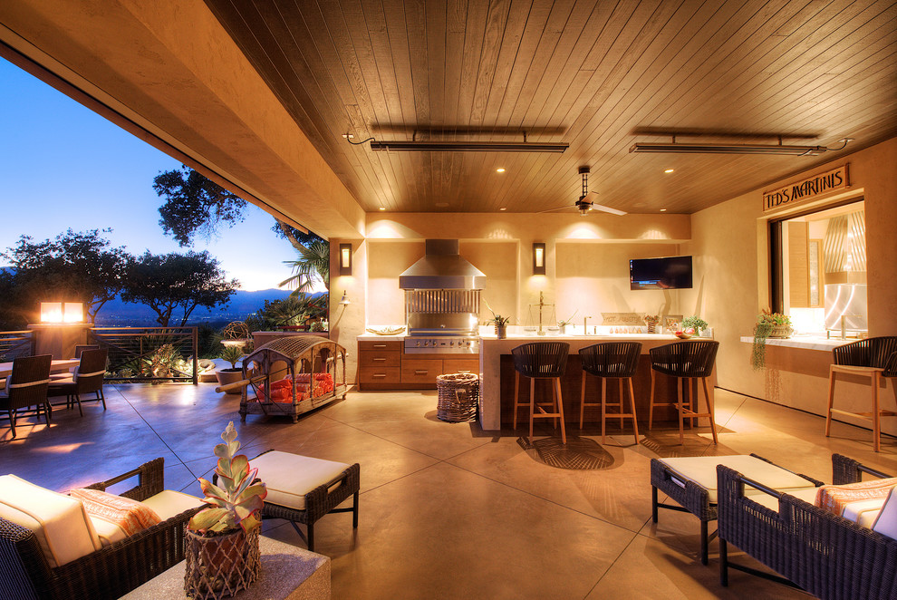 Design ideas for an expansive mediterranean courtyard patio in San Francisco with an outdoor kitchen, stamped concrete and a gazebo/cabana.