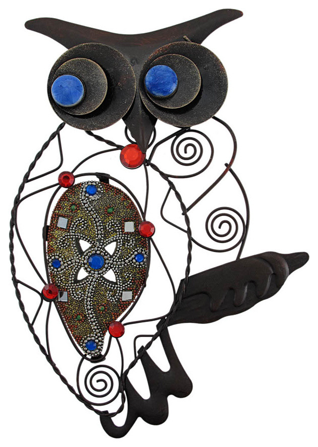 Mosaic Style Jeweled Owl Metal Wall Hanging