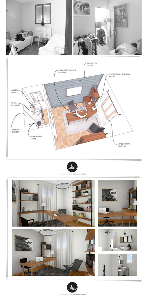 Design ideas for a mid-sized country study room in Marseille with grey walls, terra-cotta floors, no fireplace, a freestanding desk and orange floor.