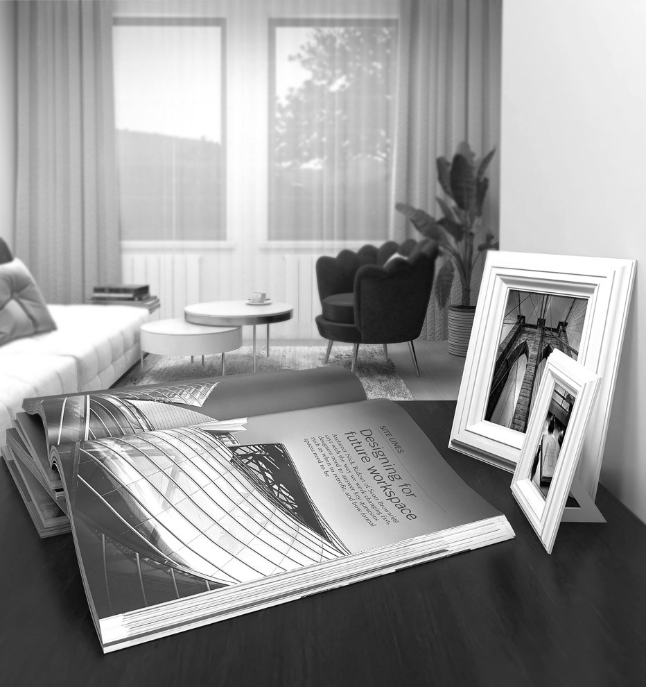 вид из рабочей зоны на гостиную