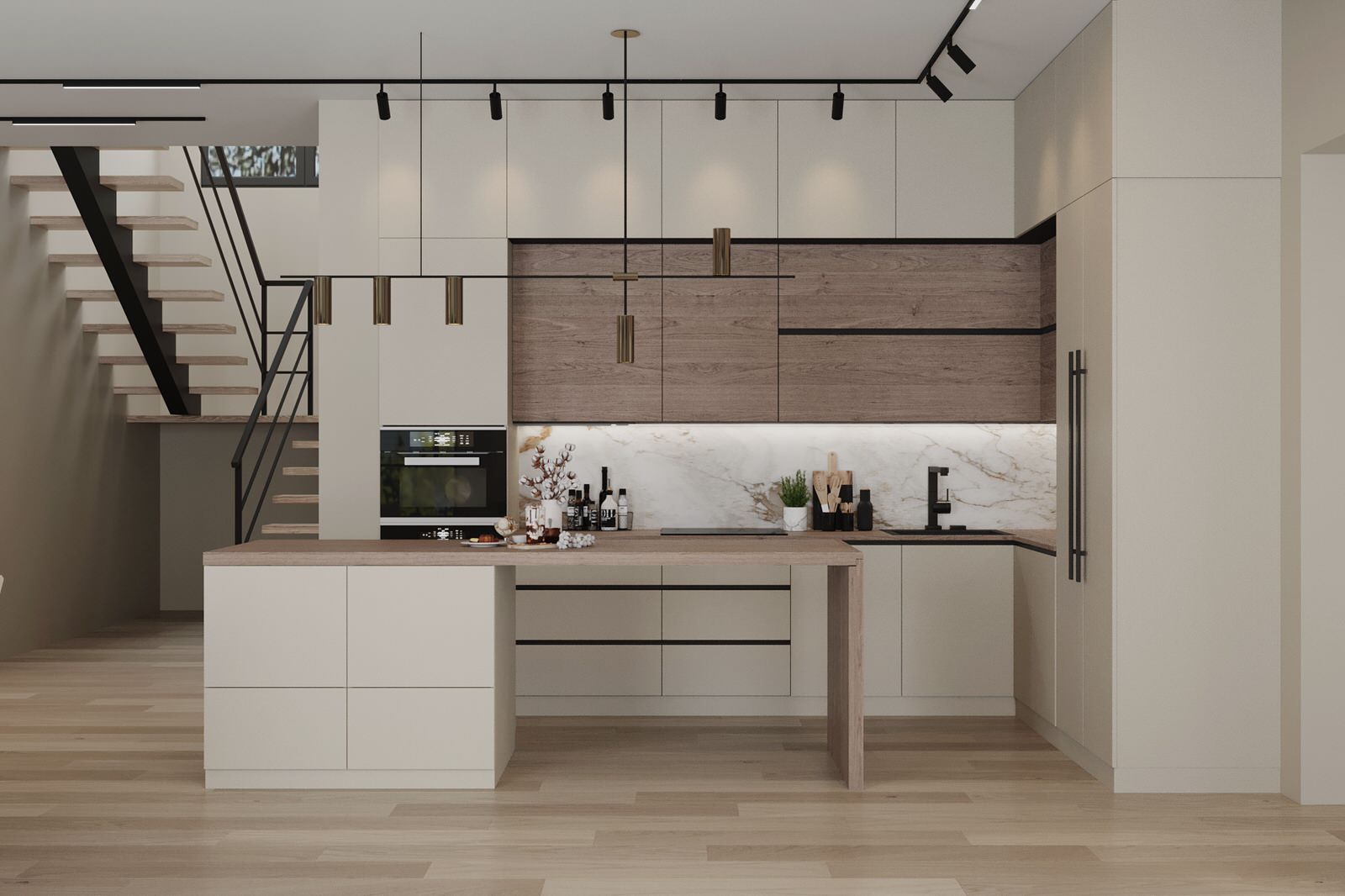 Кухня-гостиная в светлых тонах