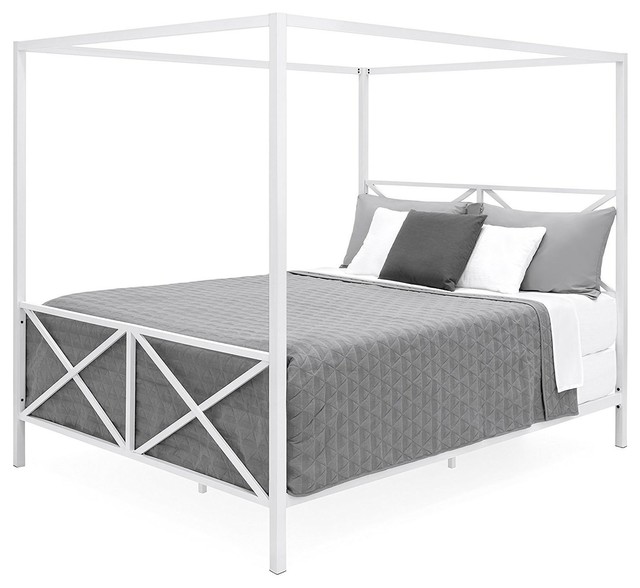 Queen Size Modern Canopy Bed Frame In White Metal Finish