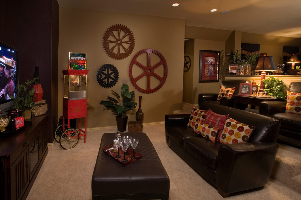 Design ideas for a small traditional open concept home theatre in Austin with a wall-mounted tv, beige walls and carpet.