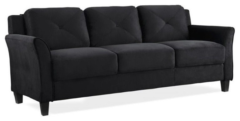 Bowery Hill Tufted Modern Polyester Microfiber Sofa with Curved Arm in Black