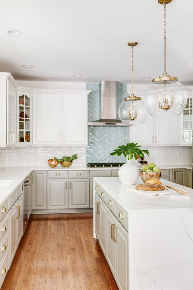 ワシントンD.C.にある高級な広いトランジショナルスタイルのおしゃれなキッチン (シングルシンク、白いキャビネット、珪岩カウンター、青いキッチンパネル、セメントタイルのキッチンパネル、シルバーの調理設備、白いキッチンカウンター、無垢フローリング、赤い床) の写真