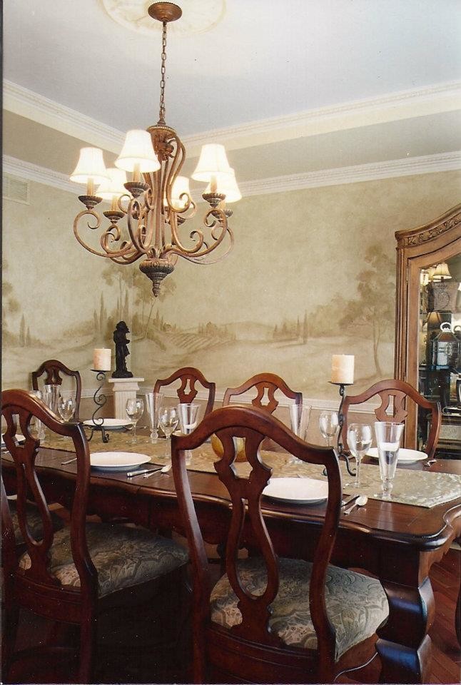 Design ideas for a large traditional separate dining room in Chicago with multi-coloured walls, dark hardwood floors and no fireplace.