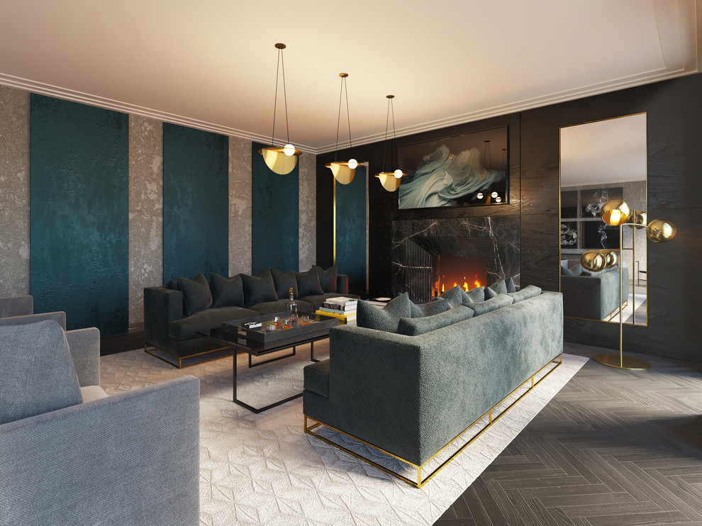 Inspiration for a large eclectic formal open concept living room in London with grey walls, dark hardwood floors, a standard fireplace and a stone fireplace surround.
