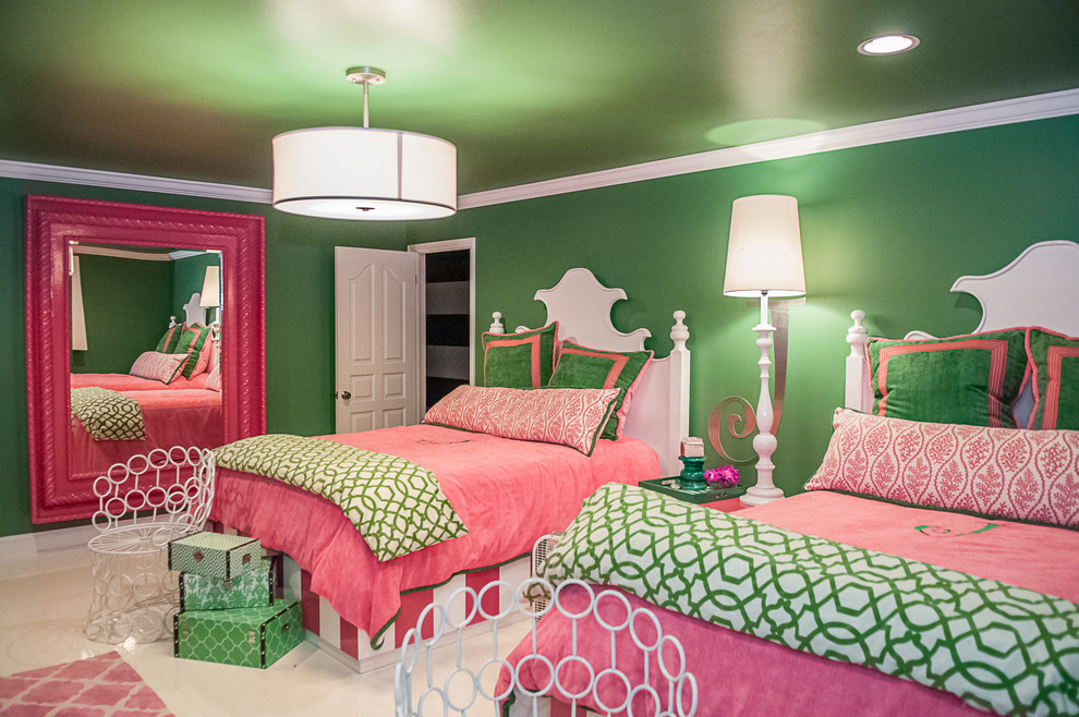 Large traditional kids' room in Other with green walls and marble floors for girls.