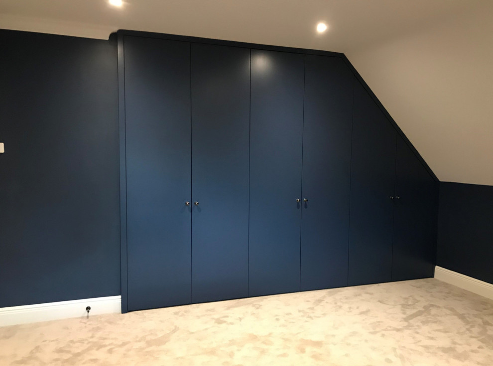 Источник вдохновения для домашнего уюта: встроенный шкаф среднего размера в стиле модернизм с ковровым покрытием, бежевым полом, плоскими фасадами и синими фасадами