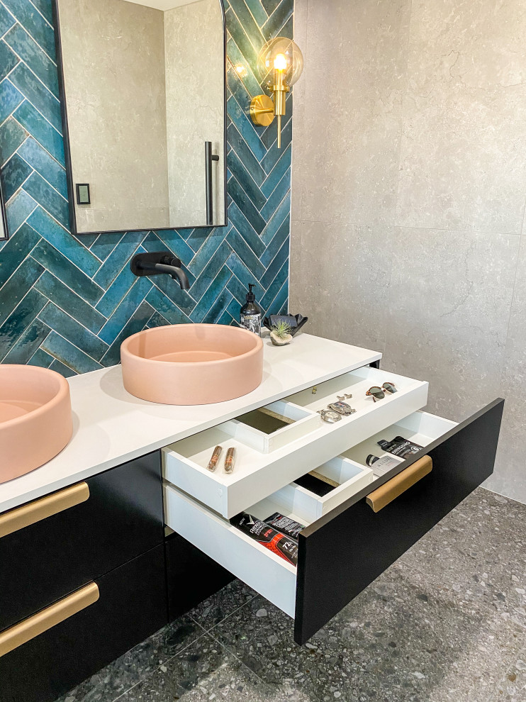 Mid-sized eclectic master bathroom in Perth with black cabinets, a double shower, a wall-mount toilet, green tile, subway tile, white walls, porcelain floors, a console sink, granite benchtops, grey floor, an open shower, white benchtops, a niche, a double vanity and a built-in vanity.