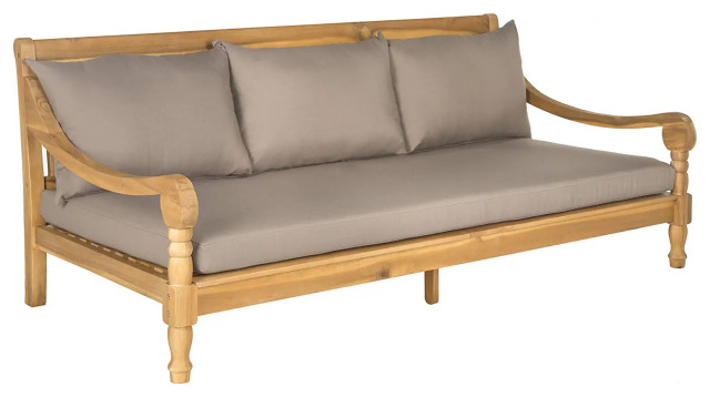 Patio Daybed Sofa, Carved Acacia Wood Frame & Cushioned Seat, Natural/Taupe