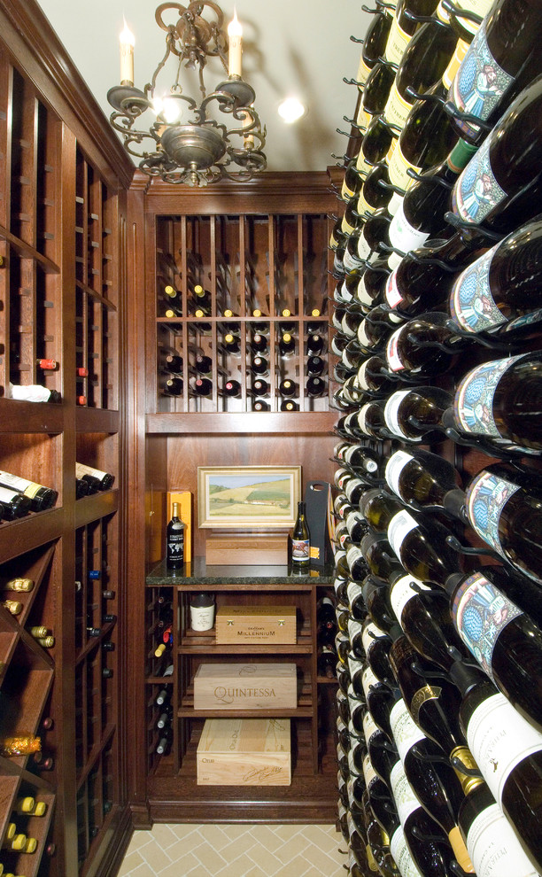 Expansive traditional wine cellar in Philadelphia with ceramic floors and display racks.