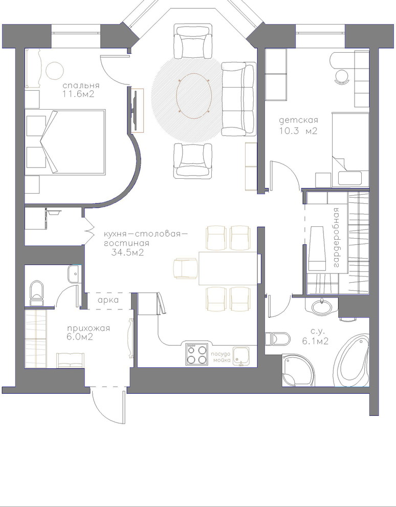 План.Перепланировка в 3-х комнатную квартиру.