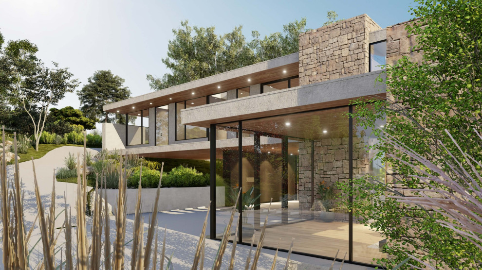 Стильный дизайн: трехэтажный, серый частный загородный дом в морском стиле с облицовкой из камня, плоской крышей и металлической крышей - последний тренд