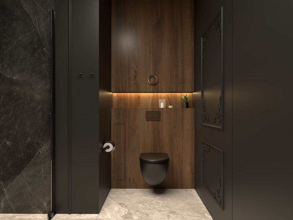 This is an example of a mid-sized modern bathroom in London with a wall-mount toilet, black tile, black walls, ceramic floors, a pedestal sink, beige floor, a single vanity and decorative wall panelling.