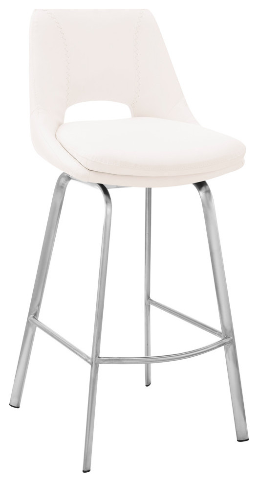 Carise Faux Leather and Metal Swivel Bar Stool, Stainless Steel and White, Bar Height, 29-32"