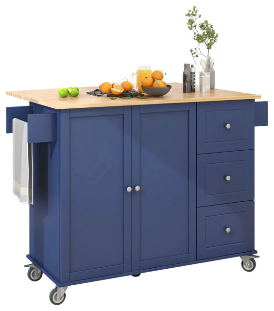 Multifunctional Kitchen Island Cart, Natural Wood Top With Drop Leaf