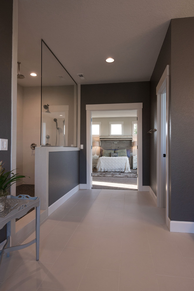 Large traditional master bathroom in Portland with shaker cabinets, dark wood cabinets, a freestanding tub, an alcove shower, a two-piece toilet, white tile, porcelain tile, grey walls, porcelain floors, a drop-in sink and tile benchtops.