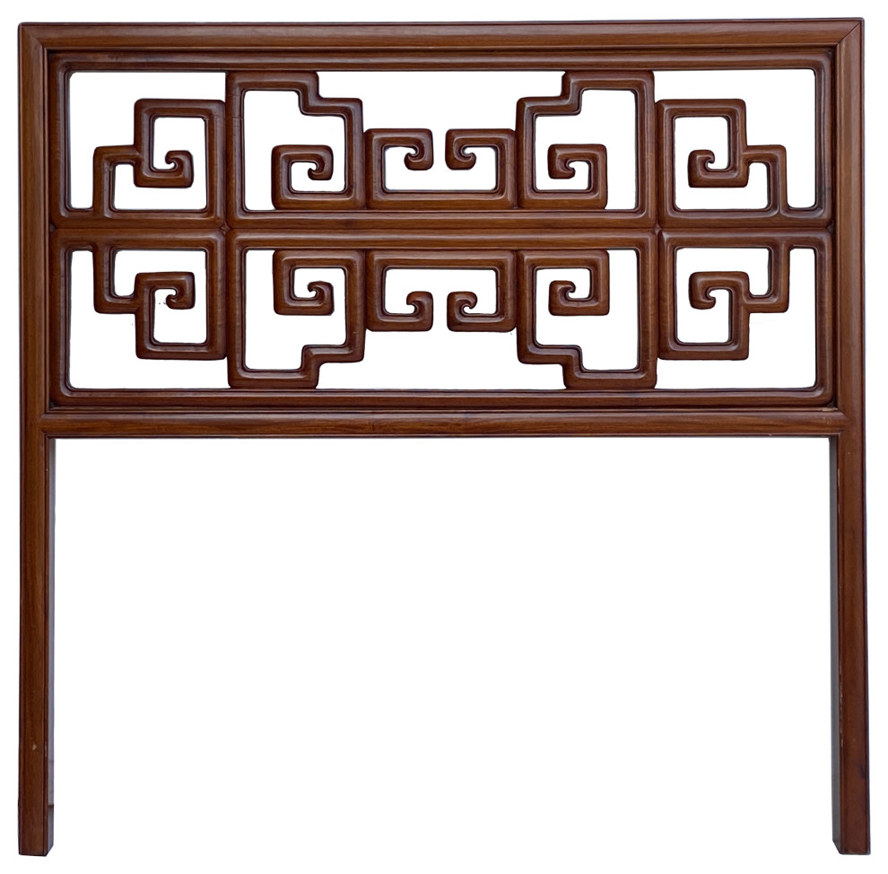Chinese Brown Stain Geometric Pattern Wood Wall Art Twin Headboard