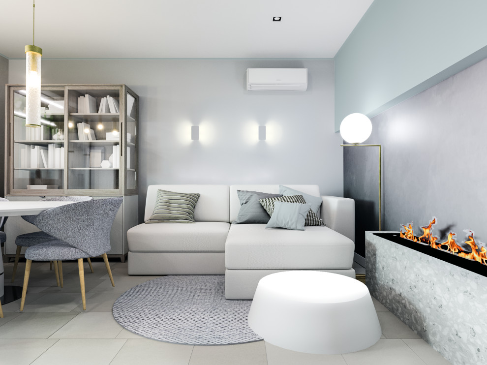 Soft-minimal кухня-гостиная с панорамным остеклением