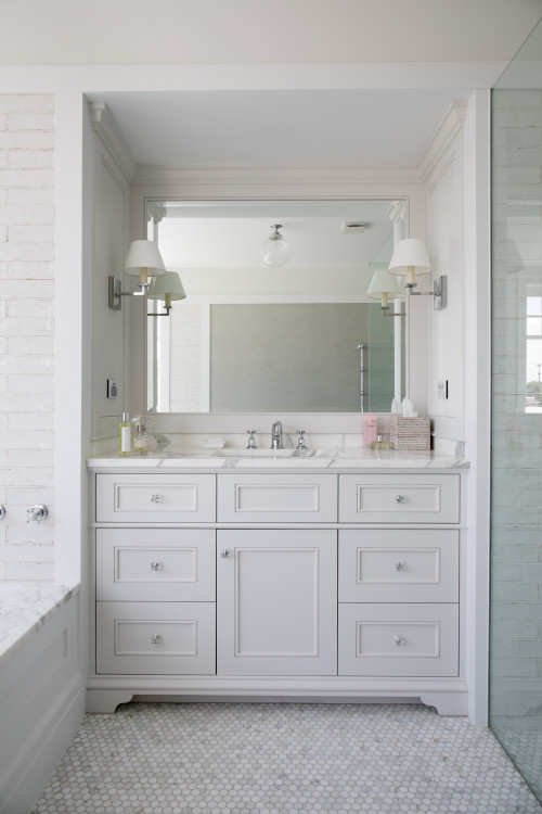 Opulent Tradition: Traditional Bathroom Vanity with Under-Mount Sink and White Tops