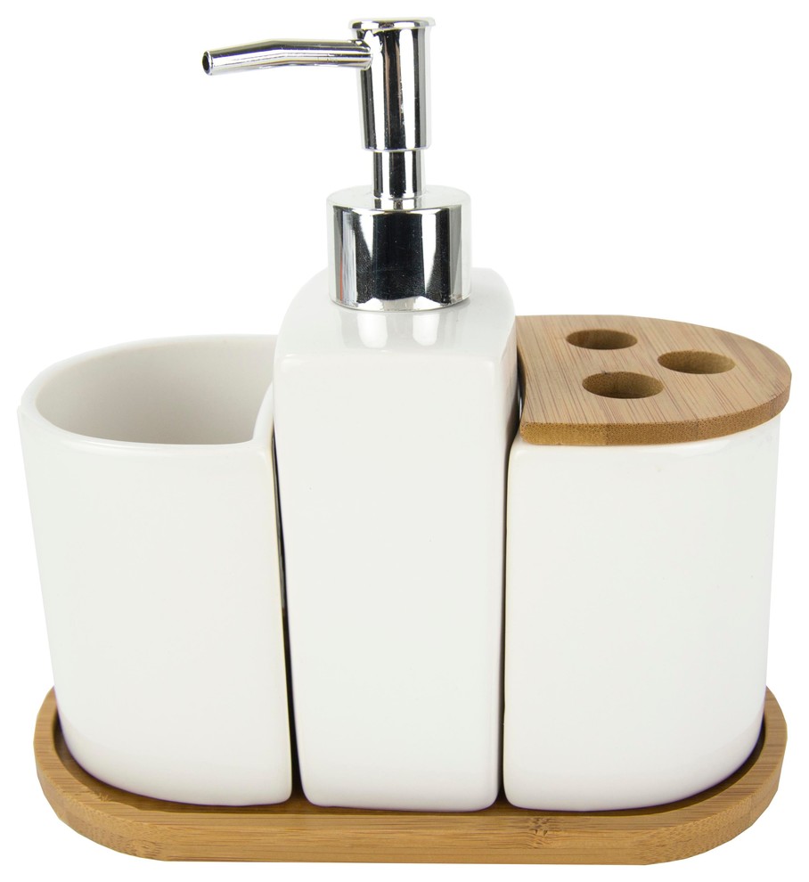 4Piece Ceramic Bath Accessory Set, Bamboo Accents Contemporary