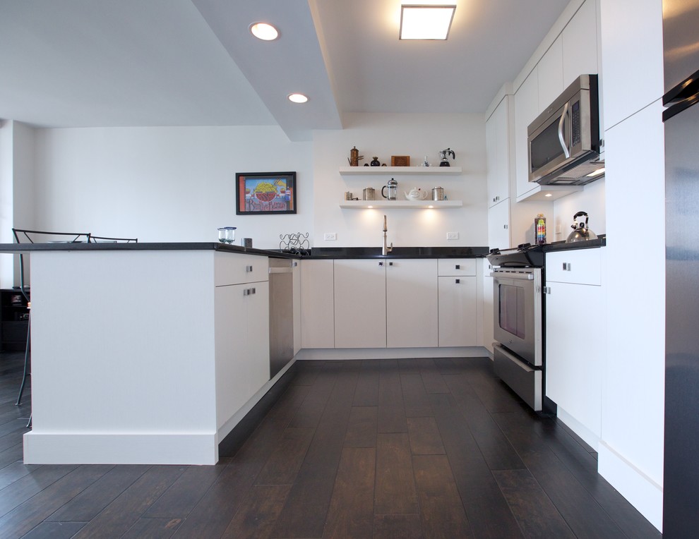 Photo of a small contemporary l-shaped open plan kitchen in Chicago with a drop-in sink, flat-panel cabinets, white cabinets, stainless steel appliances, dark hardwood floors and no island.