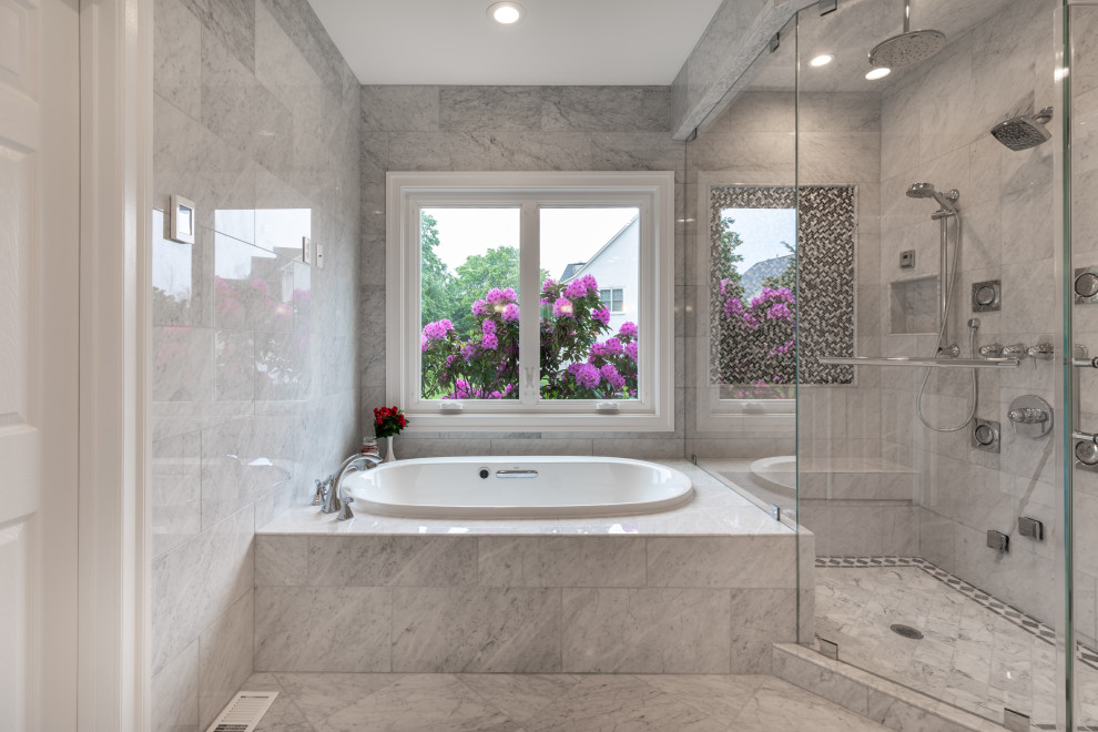 На фото: большая главная ванная комната в стиле модернизм с угловым душем, разноцветной плиткой, белой столешницей, тумбой под две раковины и подвесной тумбой с