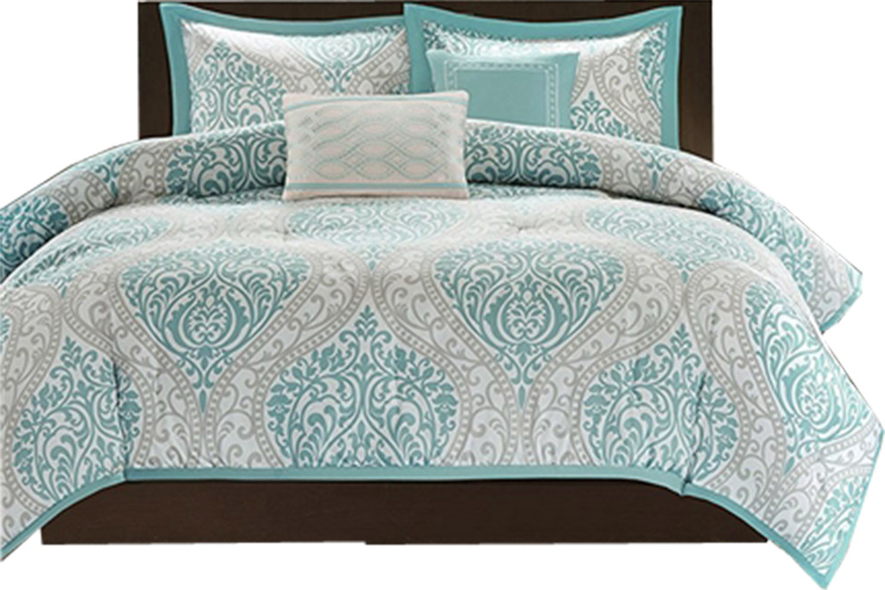 Comforter Set Light Blue White Gray Damask Pattern