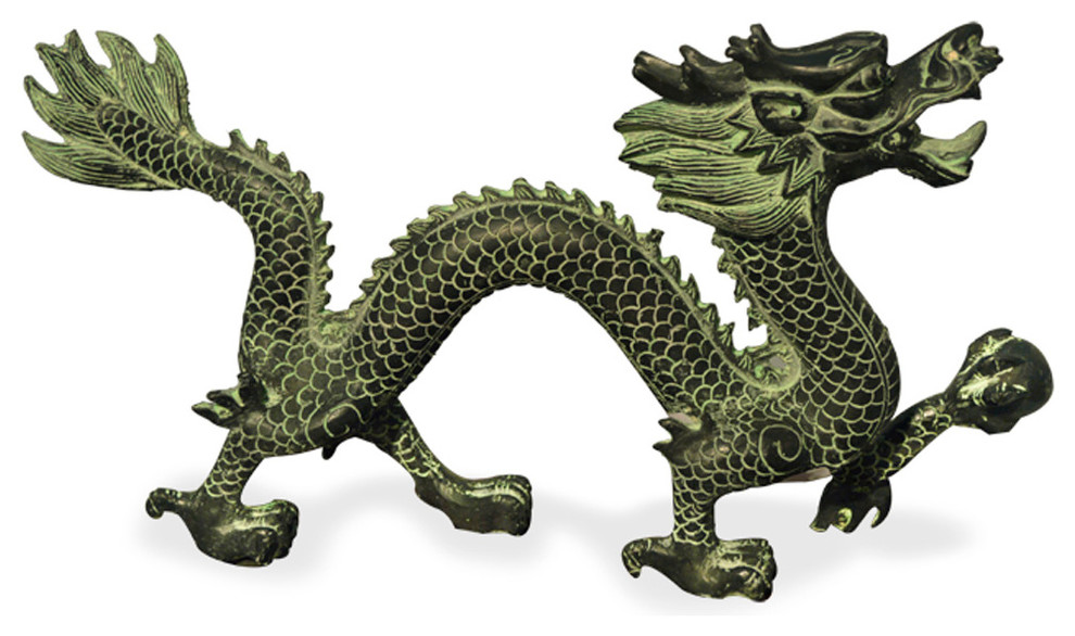 Chinese Bronze Prosperity Dragon, Green and Black - Asian - Decorative ...