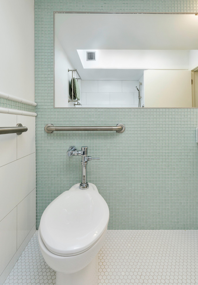Inspiration for a mid-sized modern master green tile and glass tile ceramic tile walk-in shower remodel with a one-piece toilet, white walls and a wall-mount sink