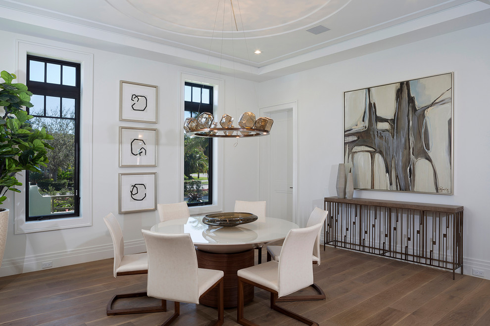 Photo of a large contemporary separate dining room in Miami with white walls, medium hardwood floors, no fireplace and brown floor.